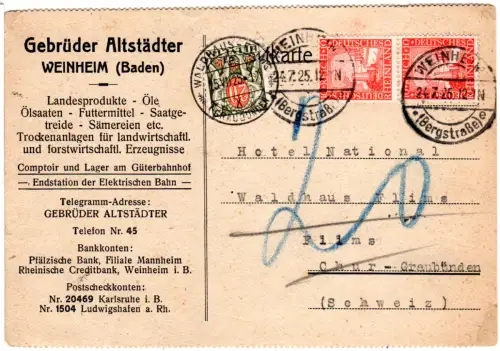 DR 1925, 2x10 Pf. auf zu großer Karte v. Weinheim m. 20 C. Schweiz Portomarke