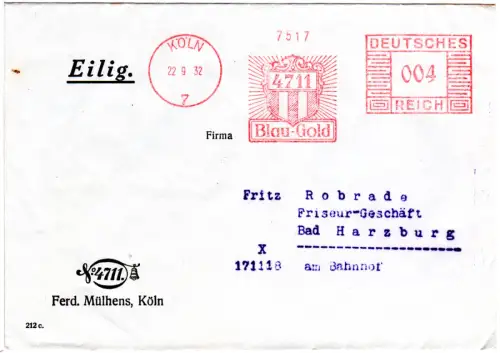 DR 1932, 4 Pf. AFSt. 4711 Blau-Gold auf Firmenbrief v. Köln.