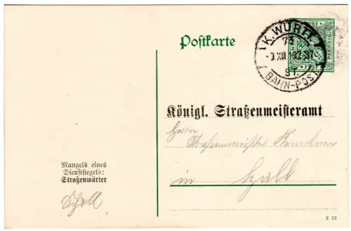 Württemberg 1913, 5 Pf. Straßenmeisteramt Ganzsache v. Gaildorf m. Bahnpost 73