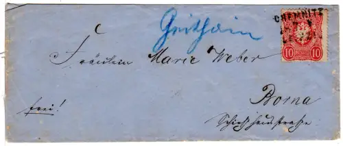 DR 1876, 10 Pf. auf Brief m. Bahnpost-L3 Chemnitz-Leipzig u. hds. Geithain.