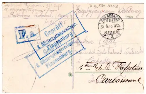 Bayern 1916, KGF POW Karte v. Lager Plassenburg Kulmbach n. Frankreich