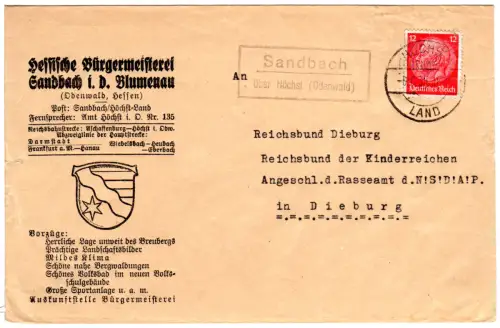 DR 1935, Landpost Stpl. SANDBACH über Höchst (Odenwald) auf Brief m. 12 Pf. 