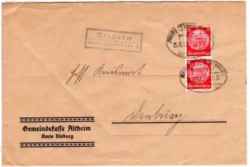 DR 1935, Landpost Stpl. ALTHEIM über Darmstadt 2 auf Bahnpost Brief m. 2x12 Pf. 