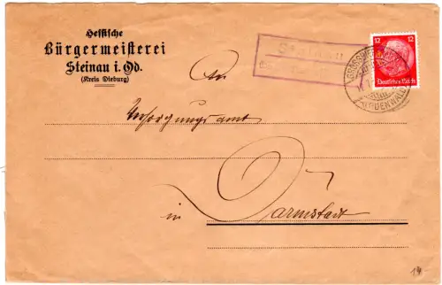 DR 1935, Landpost Stpl. STEINAU über Groß Bieberau auf Amts-Brief m. 12 Pf. 