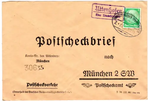 DR 1935, Landpost Stpl. UTTENHOFEN über Dinkelscherben auf Postscheck-Brief 