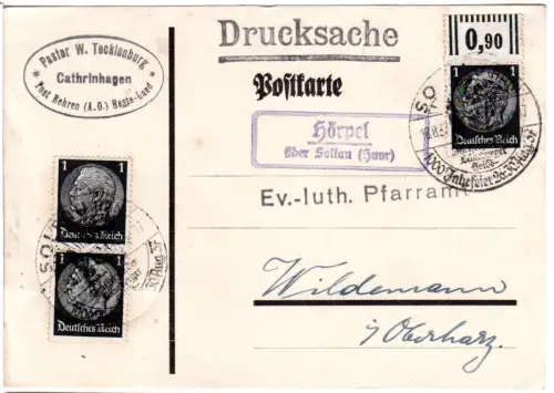 DR 1937, Landpost Stpl. HÖRPEL über Soltau (Hnvr) auf Karte m. 3x1 Pf.