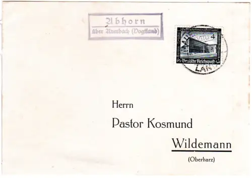 DR, Landpost Stpl. ABHORN über Auerbach (Vogtland) auf Karte m. 4 Pf.