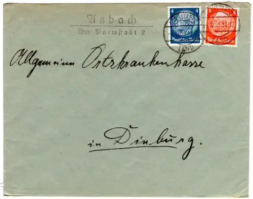 DR 1933, Landpoststpl. ASBACH über Darmstadt 2 auf Brief m. 4+8 Pf.