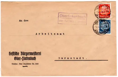 DR 1936, Landpoststpl. OBERFINKENBACH über Beerfelden auf Brief m. 4+8 Pf.