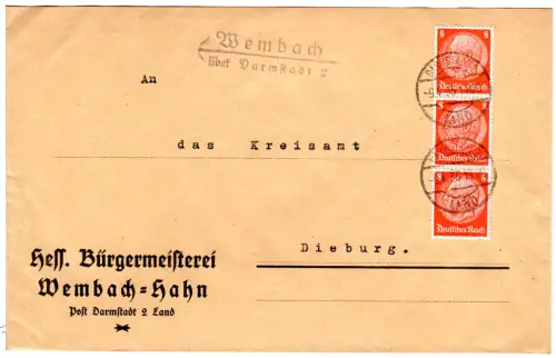 DR 1935, Landpoststpl. WEMBACH über Darmstadt 2 auf Bürgermeister Brief m 3x8 Pf