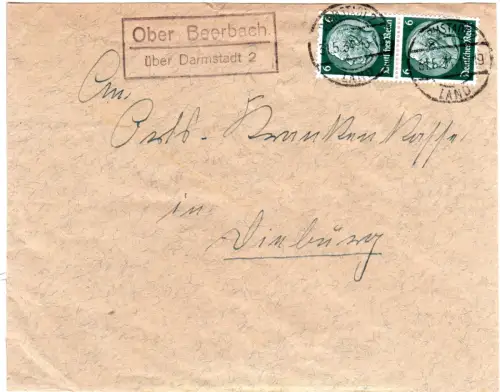 DR 1934, Landpoststpl. OBER BEERBACH über Darmstadt 2 auf Brief m. 2x6 Pf.