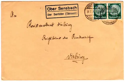 DR 1935, Landpoststpl. OBER SENSBACH über Beerfelden auf Brief m. 2x6 Pf.