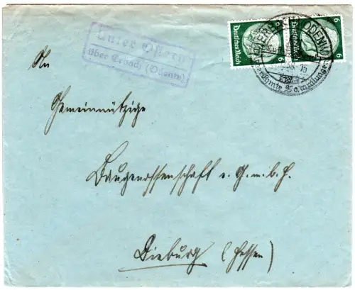 DR 1938, Landpoststpl. UNTER OSTERN über Erbach (Odenw) auf Brief m. 2x6 Pf.