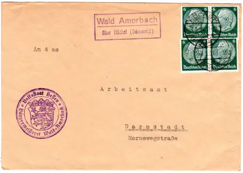 DR 1936, Landpoststpl. WALD AMORBACH über Höchst (Odenwald) auf Brief m. 4x6 Pf.