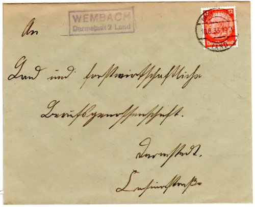 DR 1933, Landpoststpl. WEMBACH über Darmstadt 2 auf Brief m. 12 Pf.