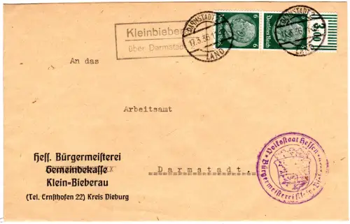 DR 1936, Landpoststpl. KLEIN BIEBERAU über Darmstadt 2 auf Brief m. 12 Pf.