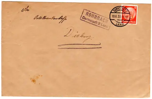 DR 1933, Landpoststpl. ROHRBACH über Darmstadt 2 Land auf Brief m. 12 Pf.