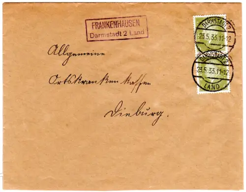 DR 1933, Landpoststpl. FRANKENHAUSEN über Darmstadt 2 Land auf Brief m. 2x6 Pf.