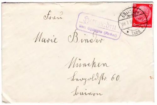 DR 1936, Landpost Stpl. HEUMADEN über Esslingen (Neckar) auf Brief m. 12 Pf. 