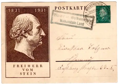 DR 1931, Landpost Stpl. WARMBAD WOLKENSTEIN Wolkenstein Land auf 8 Pf. Ganzsache
