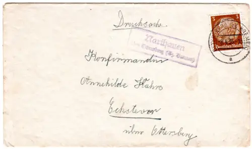 DR 1936, Landpoststpl. NARTHAUEN über Ottersberg (Bz. Bremen) auf Karte m. 3 Pf.