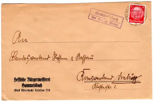 DR 1934, Landpoststpl. GAMMELSBACH über Eberbach (Baden) auf Brief m. 12 Pf.