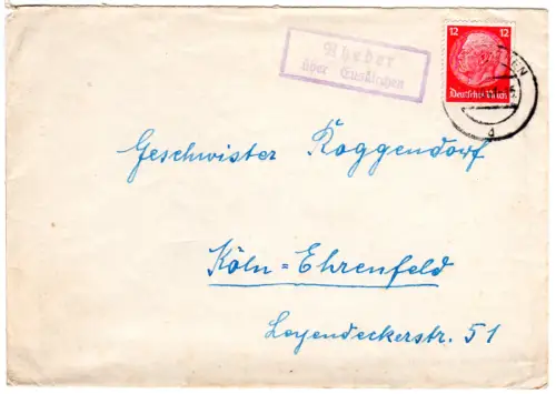 DR 1941, Landpoststpl. RHEDER über Euskirchen auf Brief m. 12 Pf.