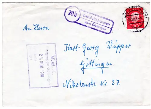 BRD 1961, Landpoststpl. 20b LANDOLFSHAUSEN über Göttingen auf Brief m. 20 Pf.