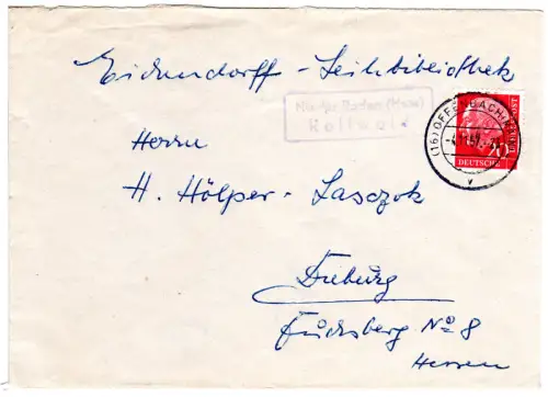 BRD 1957, Landpoststpl. NIEDER RODEN (Hess) Rollwald auf Brief m. 20 Pf.