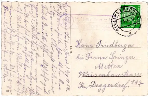 BRD 1956, Landpoststpl. 13b ELLERBACH über Dillingen (Donau) auf Karte m. 10 Pf.
