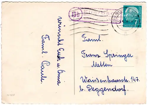 BRD 1958, Landpoststpl. 13b ELLERBACH über Dillingen (Donau) auf Karte m. 10 Pf.