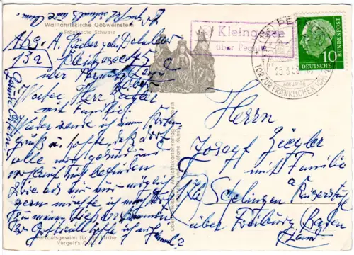 BRD 1959, Landpoststpl. 13a KLEINGESEE über Pegnitz auf Karte m. 10 Pf.