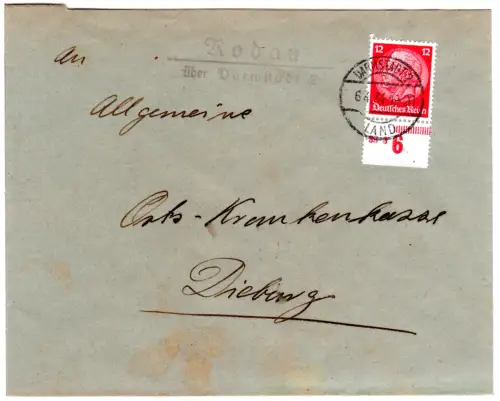 DR 1934, Landpost Stpl. RODAU über Darmstadt 2 auf Brief m. 12 Pf. 