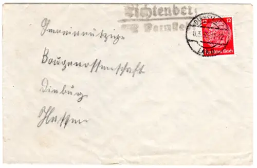 DR 1938, L2-Landpost Stpl. LICHTENBERG über Darmstadt 2 auf Brief m. 12 Pf. 