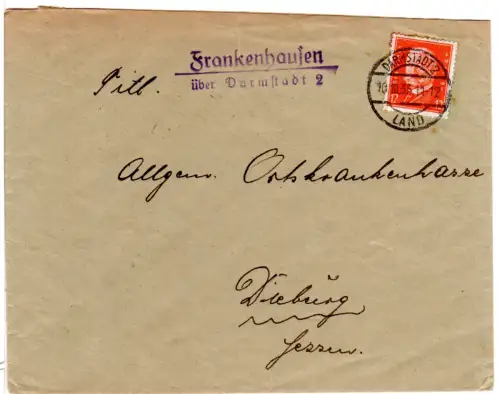 DR 1935, Landpost Stpl. FRANKENHAUSEN über Darmstadt 2 auf Brief m. 12 Pf. 