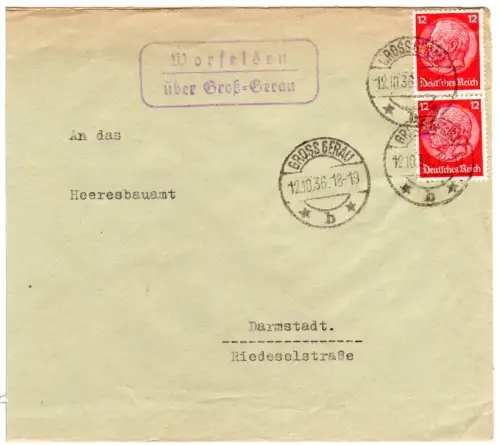 DR 1936, Landpost Stpl. WORSFELDEN über Groß.Gerau auf Brief m. 2x12 Pf. 