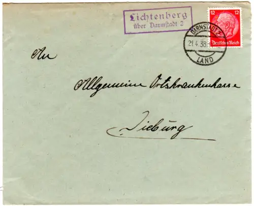 DR 1938, R2-Landpost Stpl. LICHTENBERG über Darmstadt 2 auf Brief m. 12 Pf. 