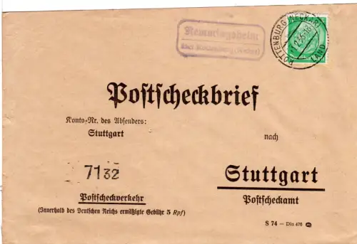 DR 1935, Landpost Stpl. REMMINGSHEIM über Rothenburg auf Postscheck-Brief 