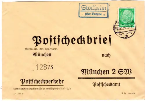 DR 1935, Landpost Stpl. STOCKHEIM über Buchloe auf Postscheck-Brief m. 5 Pf.