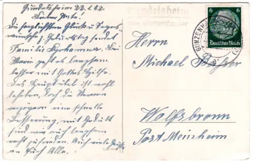 DR 1942, Landpost Stpl. GUNDELSHEIM über Gunzenhausen auf Karte m. 6 Pf.