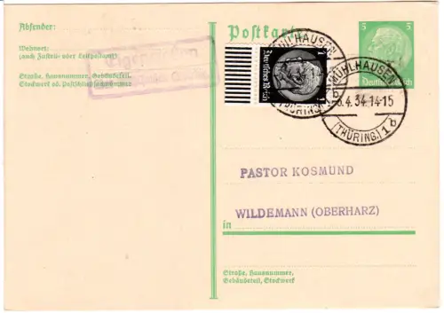 DR 1934, Landpost Stpl. EIGENRIEDEN über Mühlhausen (Thüring) auf Ga-Karte 