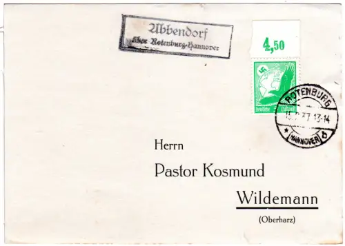 DR 1937, Landpost Stpl. ABBENDORF über Rotenbug-Hannover auf Karte m. 5 Pf.