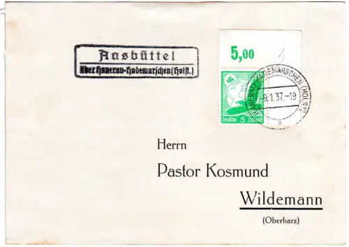 DR 1937, Landpost Stpl. AASBÜTTEL über Hanerau-Hademarschen auf Karte m. 5 Pf.