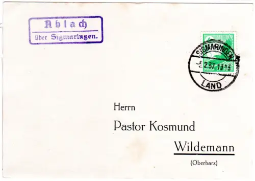 DR 1937, Landpost Stpl. ABLACH über Sigmaringen in blau auf Karte m. 5 Pf.