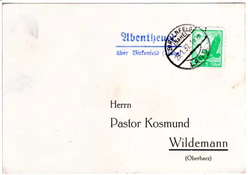 DR 1937, Landpost Stpl. ABENTHEUER über Birkenfeld in blau auf Karte m. 5 Pf.