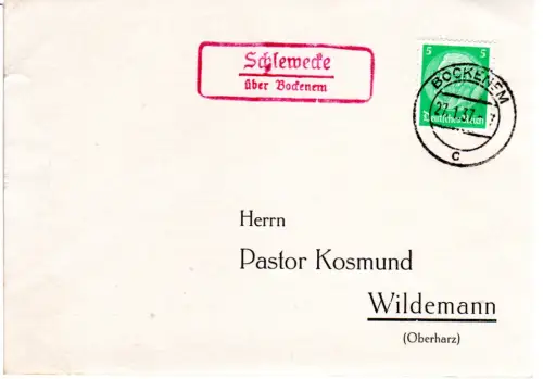 DR 1937, Landpost Stpl. SCHLEWECKE über Bockenem in rot auf Karte m. 5 Pf.