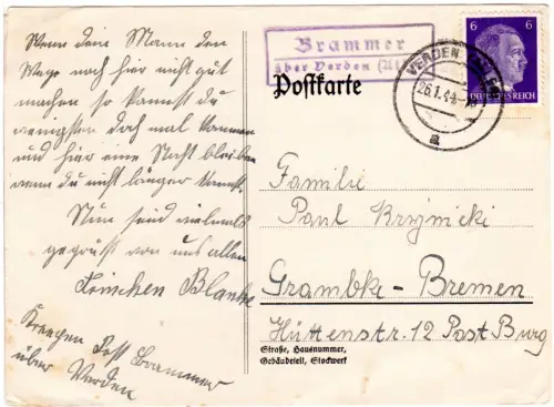 DR 1944, Landpoststpl. BRAMMER über Verden (Aller) auf Karte m. 6 Pf.