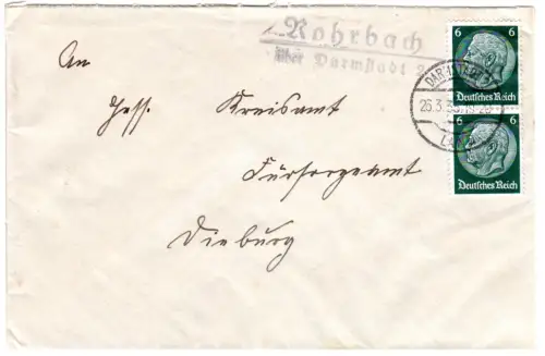 DR 1935, Landpoststpl. ROHRBACH über Darmstadt 2 auf Brief m. 2x6 Pf.