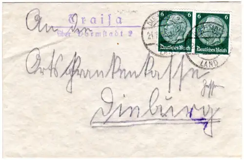 DR 1935, Landpoststpl. TRAISA über Darmstadt 2 auf Brief m. 2x6 Pf.