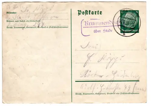 DR 1939, Landpoststpl. KRUMMENDEICH über Stade auf 6 Pf. Ganzsache